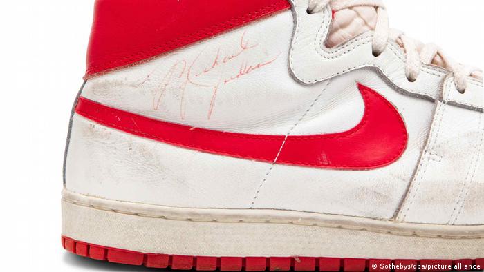 An Air Jordan sneaker worn and signed by basketball legend Michael Jordan