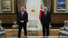 ANKARA, TURKEY - OCTOBER 21: (----EDITORIAL USE ONLY Äì MANDATORY CREDIT - TURKISH PRESIDENCY / MURAT CETINMUHURDAR / HANDOUT - NO MARKETING NO ADVERTISING CAMPAIGNS - DISTRIBUTED AS A SERVICE TO CLIENTS----) President of Turkey, Recep Tayyip Erdogan (R) poses for a photo with Germany's Ambassador to Ankara, Juergen Schulz (L) after receiving the letter of credence from him at the Presidential Complex, in Ankara, Turkey on October 21, 2020. Turkish Presidency/ Murat Cetinmuhurdar/Handout / Anadolu Agency