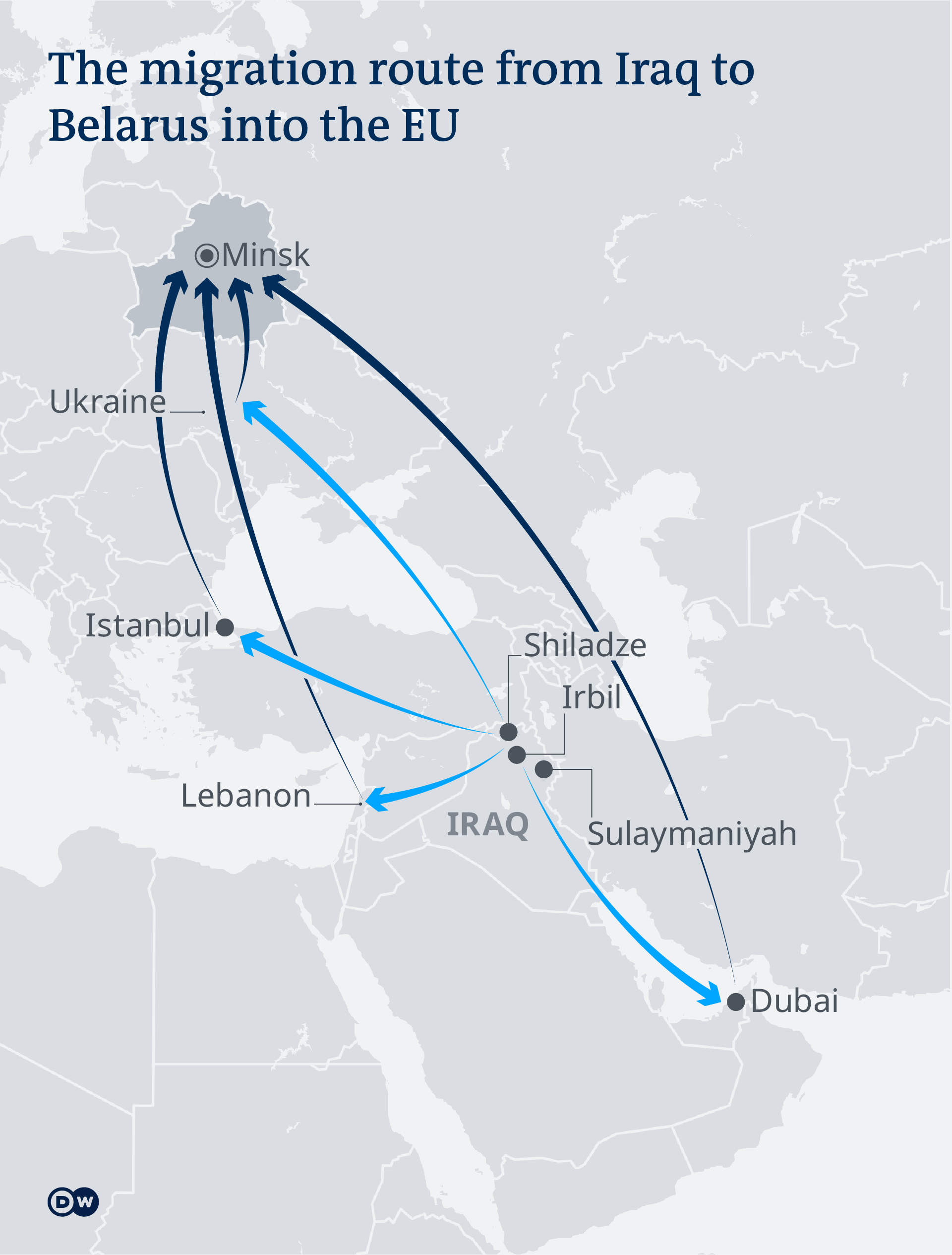 A map showing routes from the Middle East to Belarus