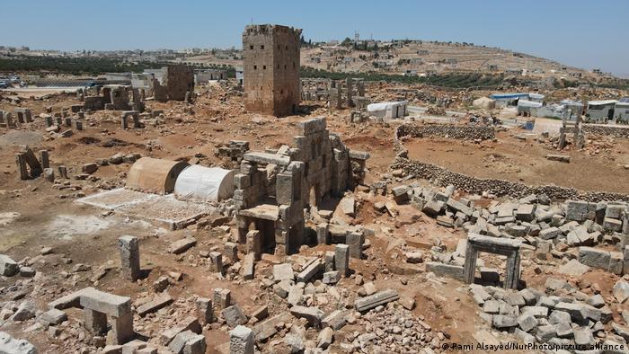 Displaced Syrians live in tents in archaeological sites dating back to the Byzantine era, northwest of Syria, in the Idlib countryside.