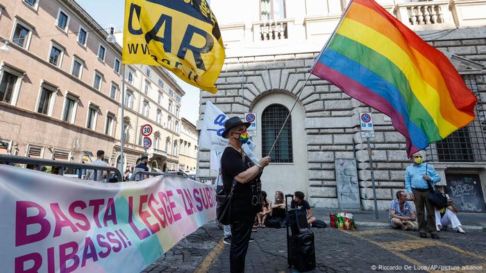 LGBT activists attend a protest near the Senate, asking for the approval of a law