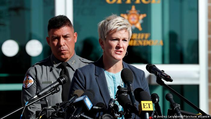 Santa Fe District Attorney Mary Carmack-Altwies speaks at a press conference Wedneday with Santa Fe County Sheriff Adan Mendoza behind her