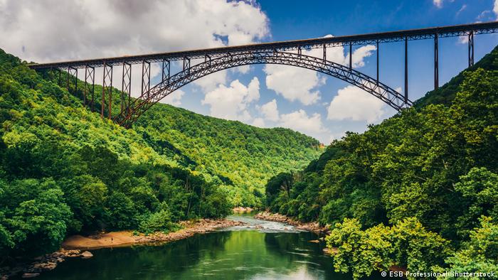 A railway bridge across a river valley in West Virginia, USA