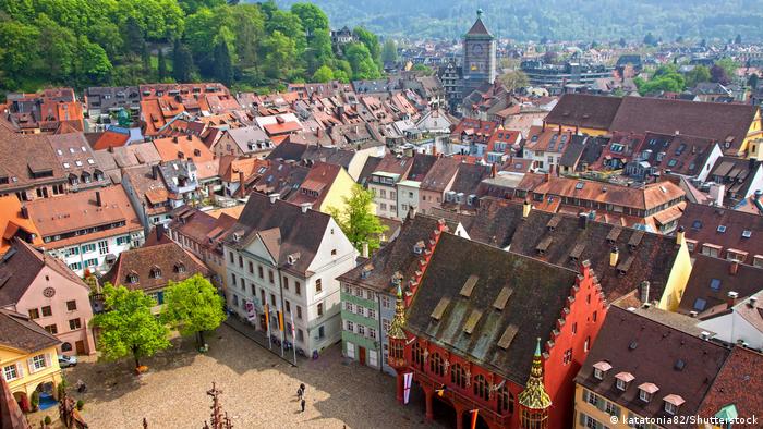 Aerial view of the market square in Freiburg, Germany