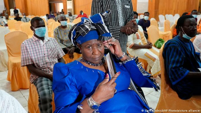 Mariam Sankara, widow of leader Thomas Sankara, sits in the Ougadougou courtroom in October, 2021