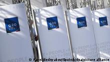 6684349 29.10.2021 Information banners are pictured outside the Palazzo dei Congressi, which will host the G20 summit with heads of state from major nations for a two-day meeting from October 30-31, in Rome, Italy. Pavel Bednyakov / Sputnik