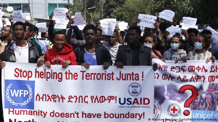 Demonstrators protest against Tigray aid in Addis Ababa. 