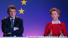 BRUSSELS, BELGIM - JANUARY 31: European Commission President Ursula Von der Leyen (R), European Union Council President, Charles Michel (not seen) and European Parliament President David-Maria Sassoli (L) hold a press conference on Future of Europe, in Brussels, Belgium on January 31, 2020. Dursun Aydemir / Anadolu Agency