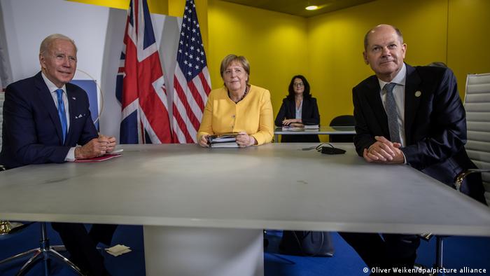 Joe Biden, Angela Merkel and Olaf Scholz on the sidelines of a G 20 meeting in Italy in October 2021
