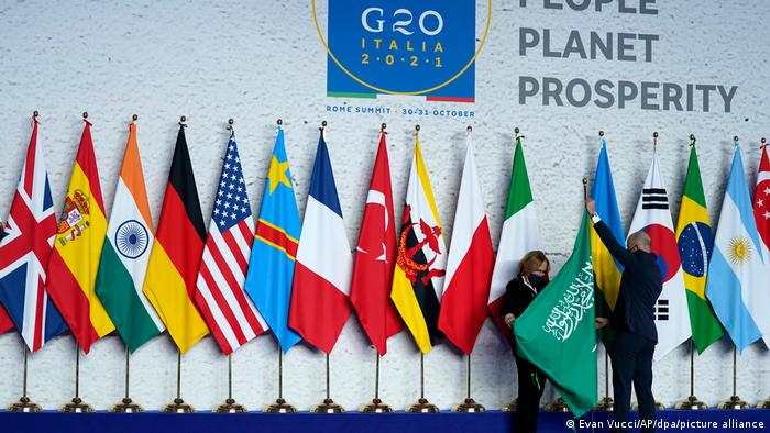 Flags from the G20 nations during the summit meeting in Rome
