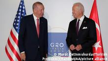 ROME, ITALY - OCTOBER 31: (----EDITORIAL USE ONLY Äì MANDATORY CREDIT - TURKISH PRESIDENCY / MURAT CETINMUHURDAR / HANDOUT - NO MARKETING NO ADVERTISING CAMPAIGNS - DISTRIBUTED AS A SERVICE TO CLIENTS----) Turkish President Recep Tayyip Erdogan (L) meets U.S President, Joe Biden (R) on the sidelines of the G20 Leaders' Summit in Rome, Italy on October 31, 2021. Turkish Presidency / Murat Cetinmuhurdar / Handout / Anadolu Agency