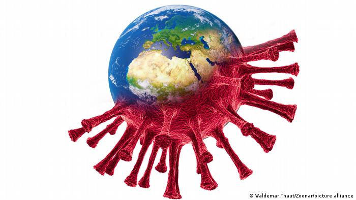 An illustration of planet Earth with half the globe depicted as the COVID-19 virus, with protruding spike proteins