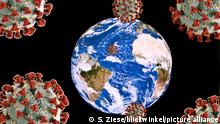 Angriff auf die Erde mit Coronaviren, Fotomontage, Deutschland | attack on the earth with coronaviruses, photomontage, Germany
