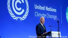 President Joe Biden speaks during the COP26 U.N. Climate Summit, Monday, Nov. 1, 2021, in Glasgow, Scotland. (AP Photo/Evan Vucci)