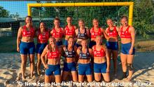 Handout photo - Norway's beach handball players were each fined 150 euros for wearing shorts rather than the required bikini bottoms. The team wore thigh-length elastic shorts during their bronze medal match against Spain in Bulgaria on Sunday July 18, 2021 to protest against the regulation bikini-bottom design that the sport's Norwegian federation president called embarrassing. Photo by Norwegian Handball Federation via ABACAPRESS.COM