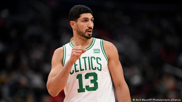 Boston Celtics center Enes Kanter (13) looks on during the first half of an NBA basketball game against the Washington Wizards