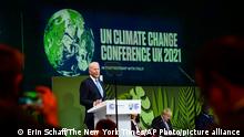 President Joe Biden speaks during a session on Action on Forests and Land Use, during the UN Climate Change Conference COP26 in Glasgow, Scotland, Tuesday, Nov. 2, 2021. (Erin Schaff/The New York Times via AP, Pool)
