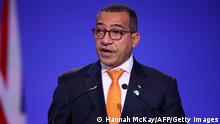 02.11.21 *** São Tomé and Príncipe President Carlos Vila Nova presents their national statement as part of the World Leaders' Summit of the COP26 UN Climate Change Conference in Glasgow, Scotland on November 2, 2021. - World leaders meeting at the COP26 climate summit in Glasgow will issue a multibillion-dollar pledge to end deforestation by 2030 but that date is too distant for campaigners who want action sooner to save the planet's lungs. (Photo by HANNAH MCKAY / POOL / AFP) (Photo by HANNAH MCKAY/POOL/AFP via Getty Images)