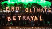 IMAGE DISTRIBUTED FOR AVAAZ - Climate Youth activists, Indigenous people, and parents call on leaders to End Climate Betrayal, marking the end of the COP26 Leaders Summit, Tuesday, Nov. 2, 2021, in Glasgow, Scotland. (Duncan McGlynn/AP Images for AVAAZ)