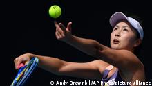 China's Peng Shuai serves to Japan's Nao Hibino during their first round singles match at the Australian Open tennis championship in Melbourne, Australia, Tuesday, Jan. 21, 2020. (AP Photo/Andy Brownbill)