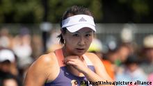 (200121) -- MELBOURNE, Jan. 21, 2020 (Xinhua) -- Peng Shuai of China reacts during the women's singles first round match against Hibino Nao of Japan at the Australian Open tennis championship in Melbourne, Australia on Jan. 21, 2020. (Photo by Bai Xue/Xinhua)