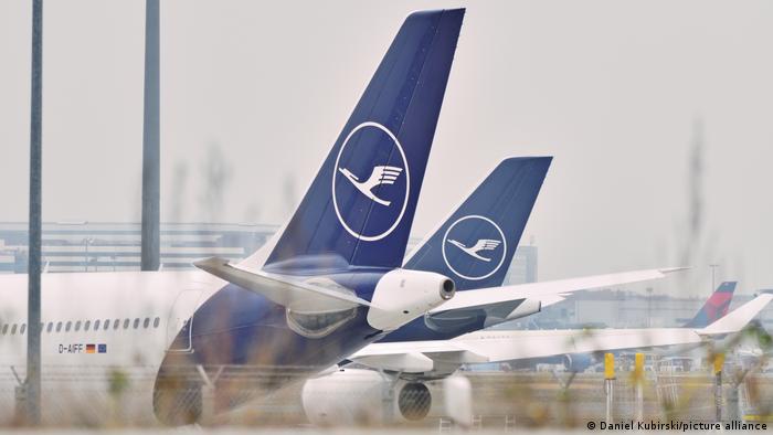 The Lufthansa logo on two airplance fins at the Frankfurt airport