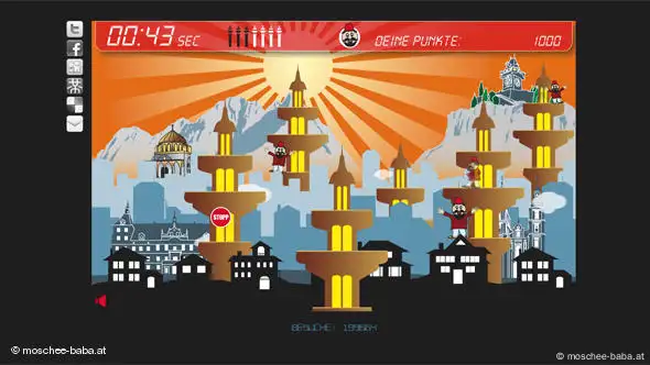 Screenshot: Computerspiel mit Minaretten und Muezzinen und einem Stopp-Schild vor den Alpen (Quelle: http://www.moschee-baba.at/)