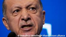Turkey's President Recep Tayyip Erdogan speaks during a media conference at the G20 summit in Rome, Sunday, Oct. 31, 2021. The two-day Group of 20 summit concluded on Sunday, the first in-person gathering of leaders of the world's biggest economies since the COVID-19 pandemic started. (AP Photo/Domenico Stinellis)
