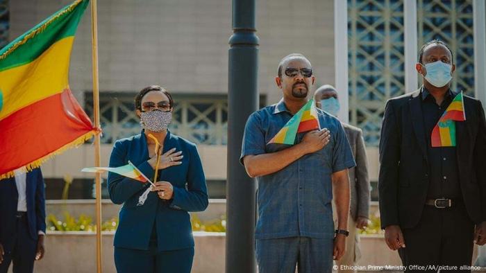 Ethiopian Prime Minister Abiy Ahmed Ali and his wife Zinash Tayachew take part in a memorial service for the victims of the Tigray conflict organized by the city administration, in Addis Ababa
