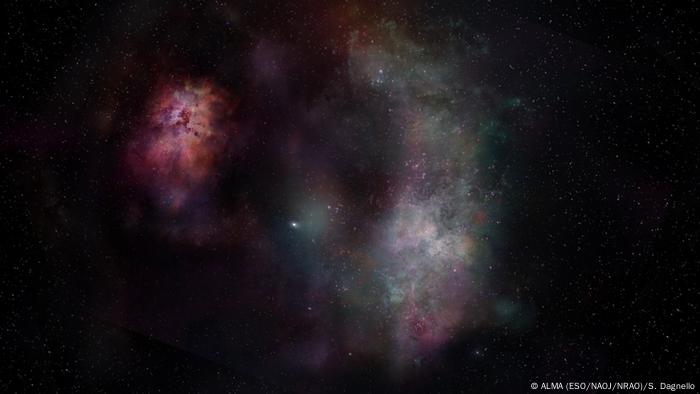 Esta concepción artística muestra el continuo de polvo y las líneas moleculares de monóxido de carbono y agua observadas en el par de galaxias conocido como SPT0311-58. 