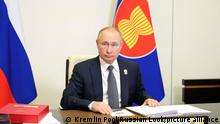 October 28, 2021. - Russia, Moscow Region, Novo-Ogaryovo. - Russian President Vladimir Putin takes part in the 2021 ASEAN - Russia Summit via video link from Novo-Ogaryovo residence.