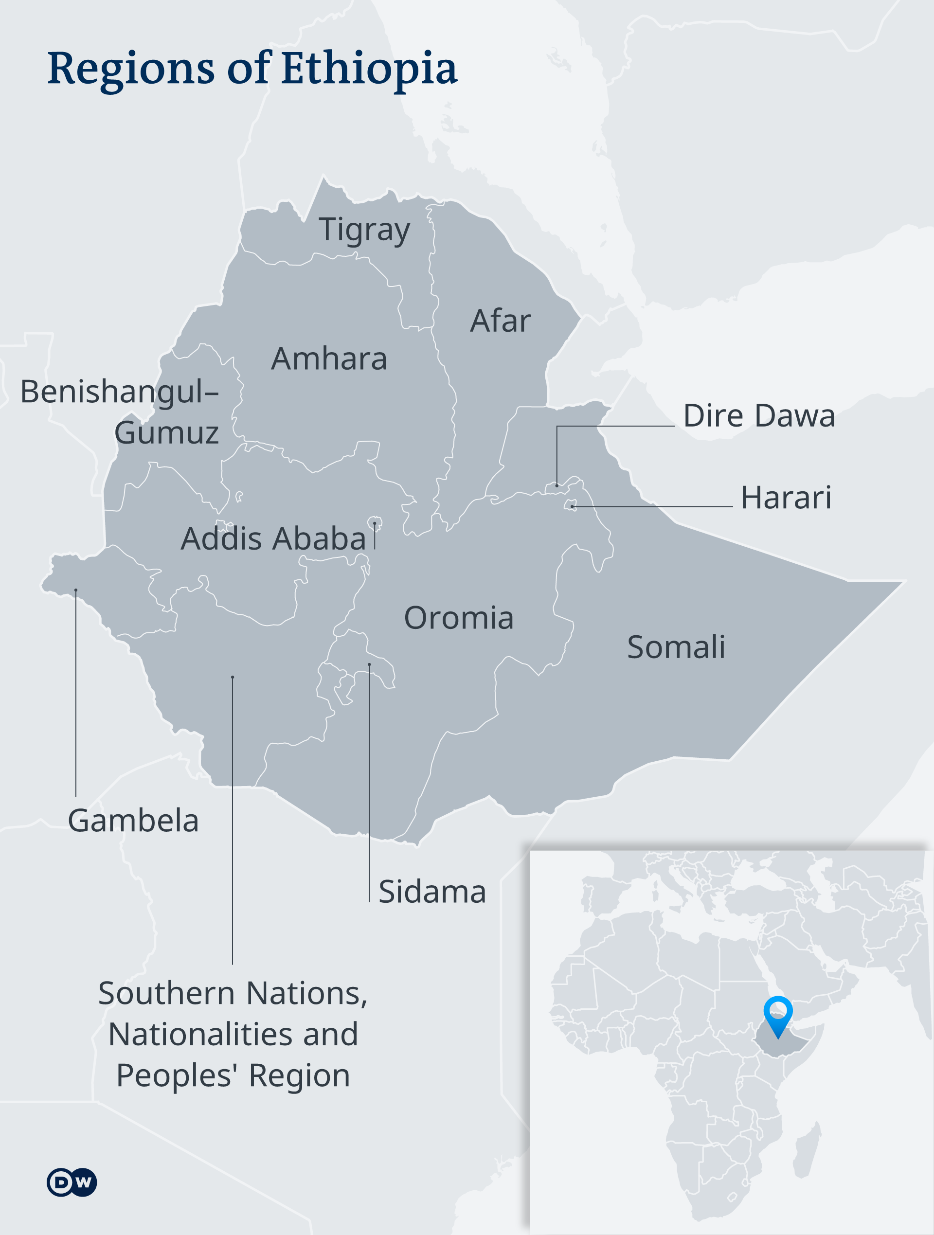 A map showing the different regions of Ethiopia