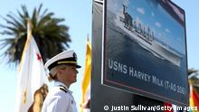 SAN FRANCISCO, CA - AUGUST 16: A photo of the new USNS Harvey Milk is displayed during a ship naming ceremony on August 16, 2016 in San Francisco, California. U.S. Navy officials announced plans to name a new replenishment oiler ship after slain civil rights leader Harvey Milk. Six new ships in the class with be named after civil and human rights leaders. (Photo by Justin Sullivan/Getty Images)