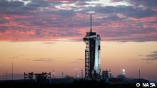 A SpaceX Falcon 9 rocket with the company's Crew Dragon spacecraft onboard is seen at sunset on the launch pad at Launch Complex 39A as preparations continue for the Crew-3 mission, Wednesday, Oct. 27, 2021, at NASAâs Kennedy Space Center in Florida. NASAâs SpaceX Crew-3 mission is the third crew rotation mission of the SpaceX Crew Dragon spacecraft and Falcon 9 rocket to the International Space Station as part of the agencyâs Commercial Crew Program. NASA astronauts Raja Chari, Tom Marshburn, Kayla Barron, and ESA (European Space Agency) astronaut Matthias Maurer are scheduled to launch on Oct. 31 at 2:21 a.m. ET, from Launch Complex 39A at the Kennedy Space Center. Photo by Joel Kowsky / NASA via CNP/ABACAPRESS.COM