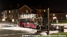 HIjaked bus. The burnt out double decker bus in Church Road near Rathcoole in Newtownabbey, Co Antrim after it was hijacked and set on fire near a loyalist estate on the outskirts of Belfast. Picture date: Sunday November 7, 2021. See PA story ULSTER Disorder. Photo credit should read: David Young/PA Wire URN:63600447