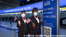 US borders reopen to UK visitors. EDITORIAL USE ONLY British Airways Ambassadors Elysa Marsden (left) and Eugenia Okwaning at London Heathrow Airport's T5 ahead of the departure of British Airways flight BA001, which will perform a synchronised departure on parallel runways alongside Virgin Atlantic flight VS3, heading for New York JFK to celebrate the reopening of the transatlantic travel corridor, more than 600 days since the US travel ban was introduced due to the Covid-19 pandemic. Picture date: Monday November 8, 2021. To mark the occasion, BA will be using a flight number previously reserved for Concorde and both airlines will be operating fuel efficient A350 aircrafts. The US is the UK's largest trading partner, and aviation contributes £23m per day to the UK economy. Photo credit should read: Anthony Upton/PA Wire URN:63608349