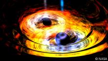 Text: Two black holes are entwined in a gravitational tango in this artist's conception. Supermassive black holes at the hearts of galaxies are thought to form through the merging of smaller, yet still massive black holes, such as the ones depicted here.
Credits: NASA
https://www.nasa.gov/multimedia/guidelines/index.html