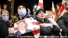 TBILISI, GEORGIA - NOVEMBER 8, 2021: Supporters of the United National Movement stage a rally in support of Georgia's ex-President Mikheil Saakashvili in Freedom Square. Protesters demand to transfer Saakashvili to civil hospital. Saakasvili, who serves a prison term in Rustavi and is on hunger strike, was brought to a prison hospital in the outskirts of Tbilisi by helicopter. David Mdzinarishvili/TASS