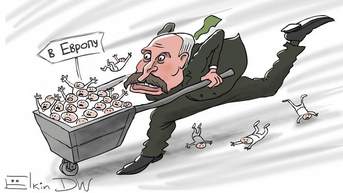 Карикатура Сергея Елкина - белорусский правитель Александр Лукашенко несется с тачкой, набитой людьми, по направлению в Европу, некоторые люди выпадают из тачки и остаются лежать.
