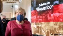 Germany's Chancellor Angela Merkel attends the event 1918 - 1938 - 1989: Commemorating November 9 on the anniversary of Kristallnacht, also known as the Night of Broken Glass, at the presidential Bellevue Palace in Berlin, Germany, November 9, 2021. Wolfgang Kumm/Pool via REUTERS