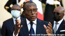 Benin's President Patrice Talon speaks during a press conference with French President at the Elysee Palace in Paris, on November 9, 2021. - France solemnly returned on November 9, 2021 to Benin 26 works of the royal treasures of Abomey looted in the nineteenth century by colonial troops, a historic moment of national pride for the Beninese authorities. (Photo by Bertrand GUAY / AFP) (Photo by BERTRAND GUAY/AFP via Getty Images)