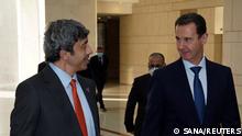Syria's President Bashar al-Assad meets with United Arab Emirates Foreign Minister Sheikh Abdullah bin Zayed, in Damascus Syria, in this handout released by SANA November 9, 2021. SANA/Handout via REUTERS ATTENTION EDITORS - THIS IMAGE WAS PROVIDED BY A THIRD PARTY. REUTERS IS UNABLE TO INDEPENDENTLY VERIFY THIS IMAGE.