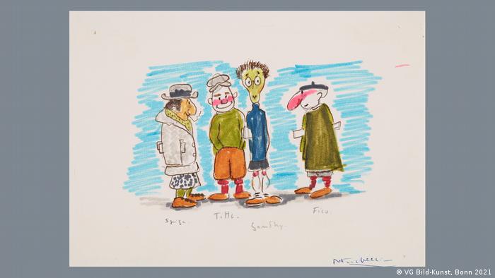 Die Zeichnung Fellinis zeigt vier bunt gemalte Kinder. Sie tragen typische Kleidung aus den 1930er-Jahren.
