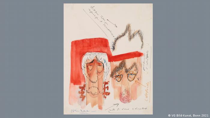 Zeichnung eines Frauen- und eines Männerkopfes, die müde vor sich hinstarren. Beide haben dicke Tränensäcke, einer eine rote Säufernase