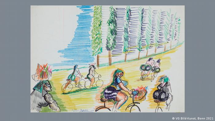 Eine bunte Zeichnung mit Frauen auf Fahrrädern, dahinter eine Pappelallee.