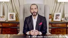 In this image taken from video provided by UN Web TV, Nayib Armando Bukele, President of El Salvador, remotely addresses the 76th session of the United Nations General Assembly in a pre-recorded message, Thursday Sept. 23, 2021, at UN headquarters. (UN Web TV via AP)