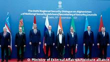 This photograph provided by the Ministry of External Affairs shows, From left, Uzbekistan, Turkmenistan, Tajikistan, Russia, India, Iran, Kazakhstan, Kyrgyz Republic, in New Delhi, India, Wednesday, Nov. 10, 2021. India on Wednesday hosted senior security officials from Russia, Iran and the five Central Asian countries to discuss the situation in neighboring Afghanistan following the fall of the U.S.-backed government and the Taliban takeover of the country. India did not invite any Afghan representatives to the talks. The invitations were also sent to Pakistan and China but both declined to attend. (Ministry of External Affairs via AP)