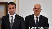 Greek Foreign Minister Nikos Dendias (R) and his Italian counterpart Luigi Di Maio arrive to sign a maritime zone agreement at the Foreign Ministry in Athens on June 9, 2020. (Photo by Louisa GOULIAMAKI / AFP)