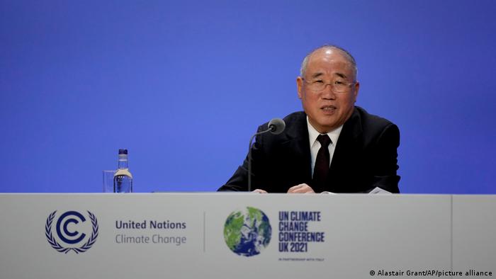 China's climate envoy, Xie Zhenhua, speaks at a press conference during the COP26 in Glasgow, Scotland 