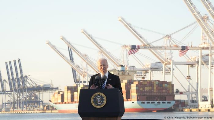 United States President Joe Biden makes remarks at the Port of Baltimore in November, 2021